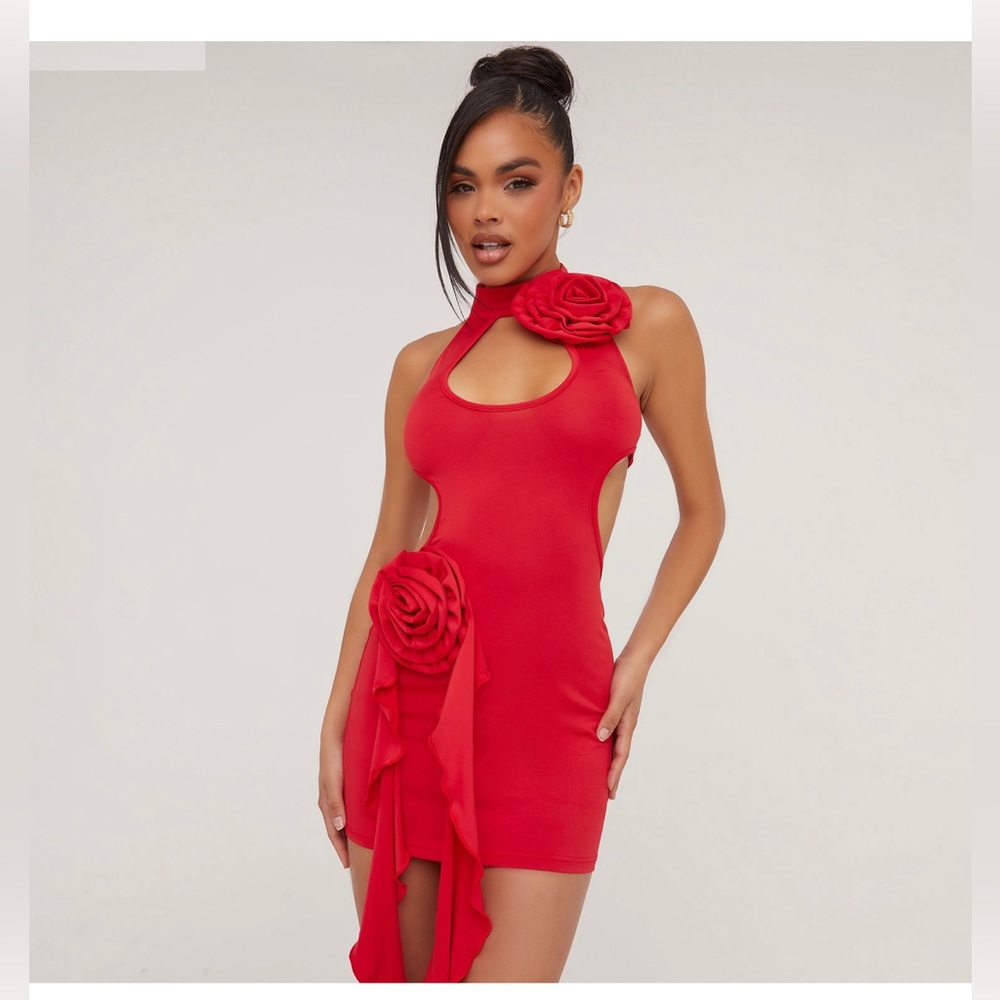 HIGH NECK KEYHOLE ROSE FRILL DETAIL MINI BODYCON DRESS IN RED - Picture 2 of 4